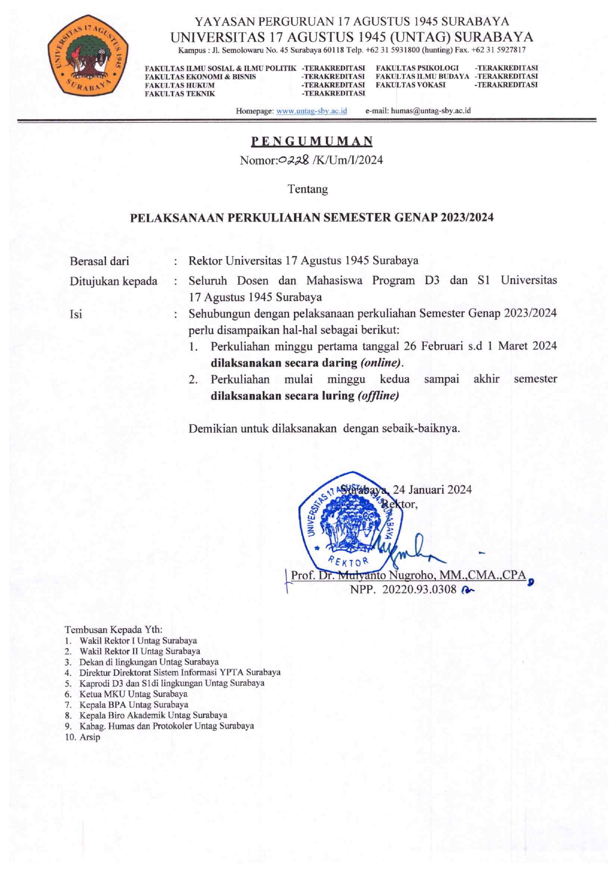 Pengumuman Pelaksanaan Perkuliahan Semester Genap 2023/2024