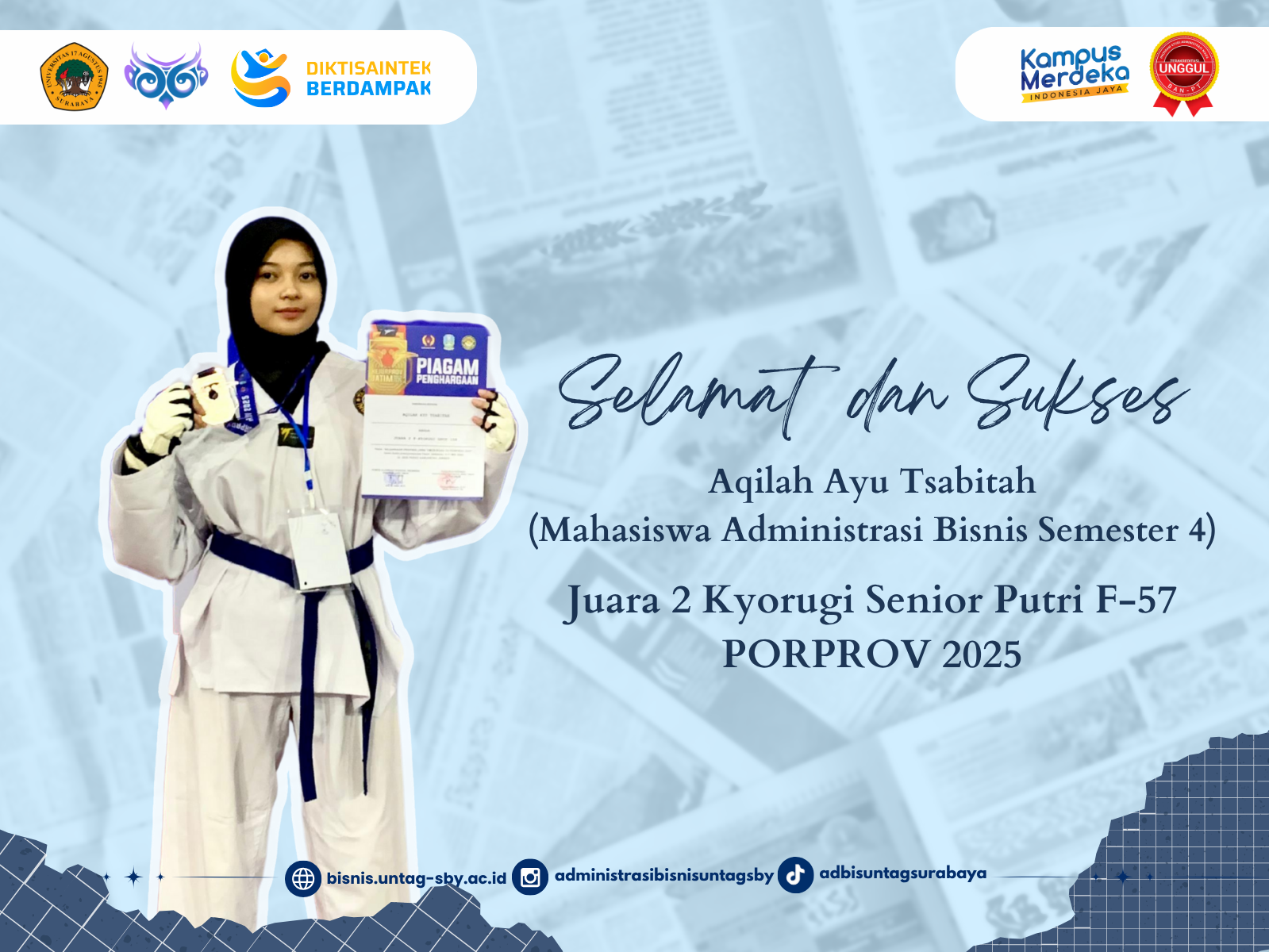 Mahasiswa Administrasi Bisnis Sukses Raih Juara 2 Kyorugi Senior Putri F-57 di POMPROV 2025