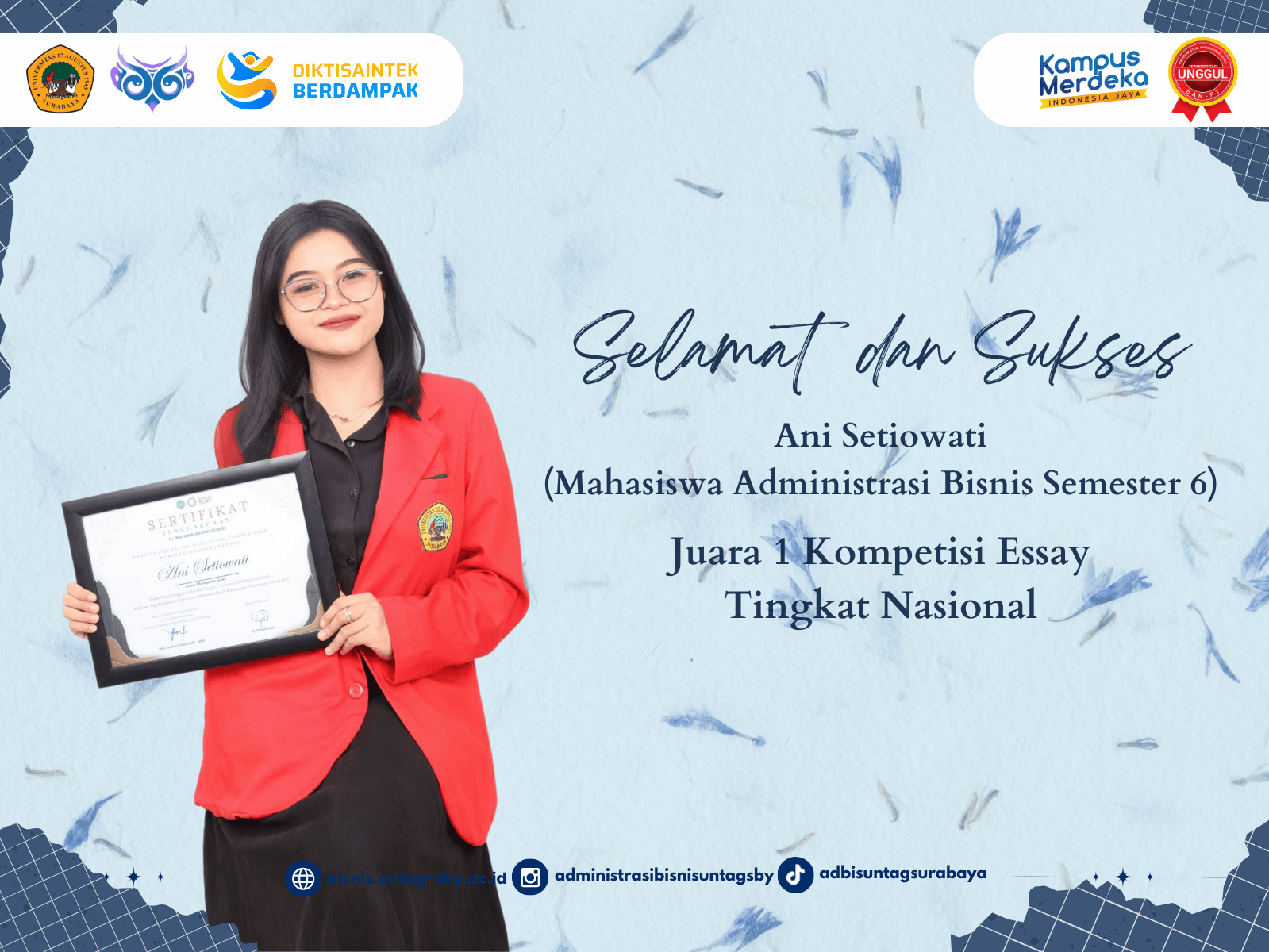 Ani Setiowati Mahasiswa Administrasi Bisnis Berhasil Mendapatkan Juara 1 Kompetisi Essay Tingkat Nasional
